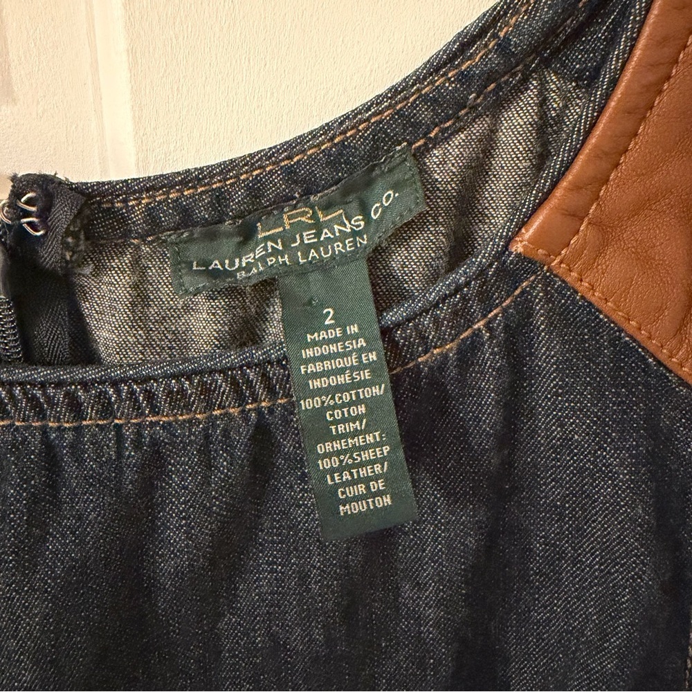 Vintage Lauren Ralph Lauren denim dress leather accents A-line sleeveless Size 2 - Picture 2 of 5